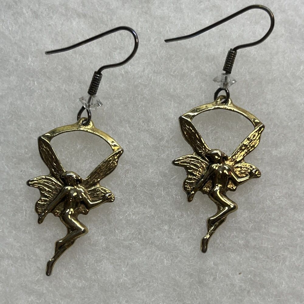 Fairy Dangle Gold Tone Earrings  Whimsical Jewelry Pierced Bohemian Fantasy